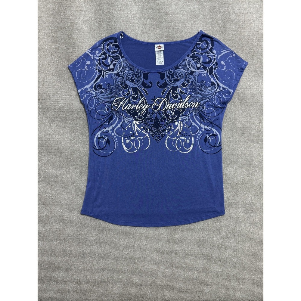 Harley-Davidson Shirt Womens Medium Blue Scoop Neck Foil Graphic Made in USA